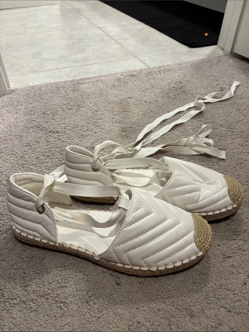 White Quilted Espadrille Lace-Up Flats